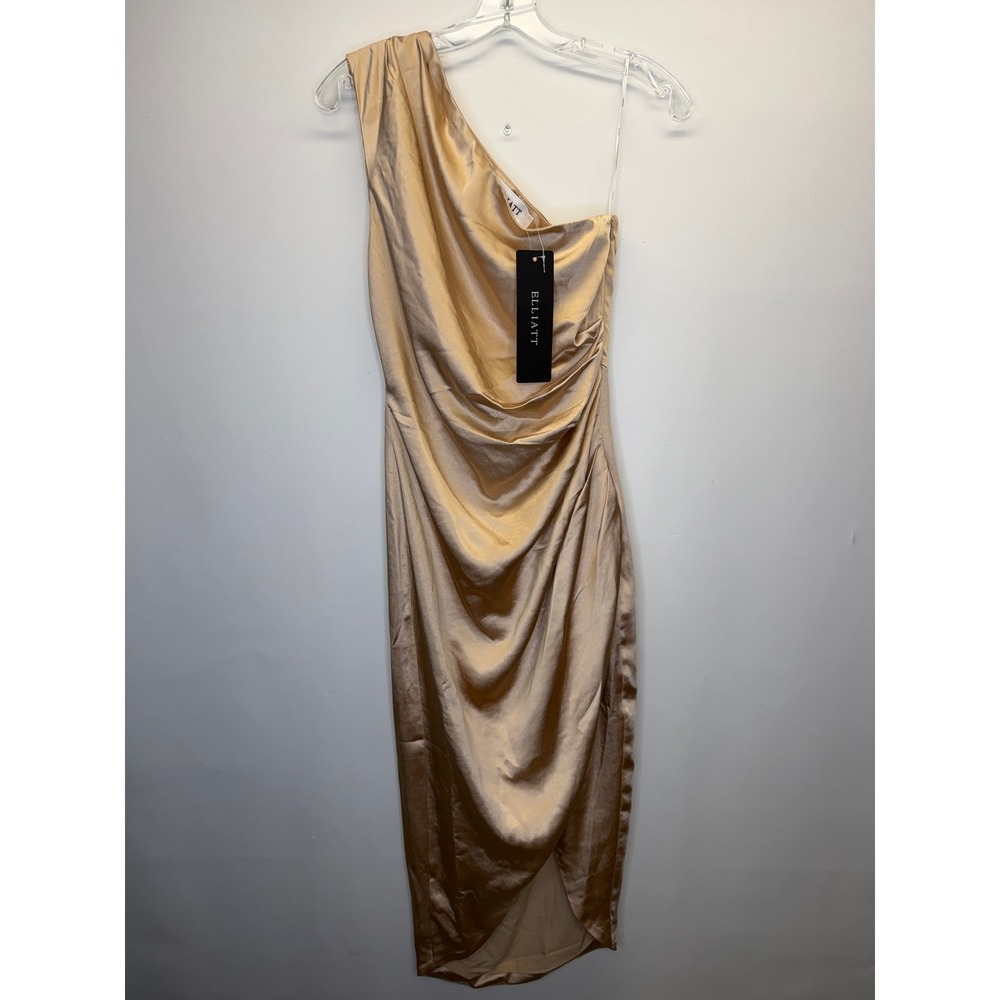 ELLIATT Cassini Dress Womens S Gold One Shoulder Ruched Satin Midi